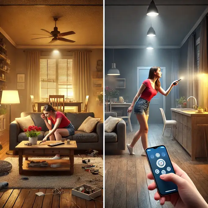 Before and after smart home transformation: On the left, a woman struggles to find a remote in a dimly lit, chaotic living room. On the right, she effortlessly controls her smart home lighting with her smartphone, enjoying a modern, well-lit space.